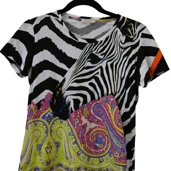 Etro Milano T-Shirt Size 40 US 4 Multi Zebra Paisley Short Sleeve Graphic Tee - Picture 2 of 6